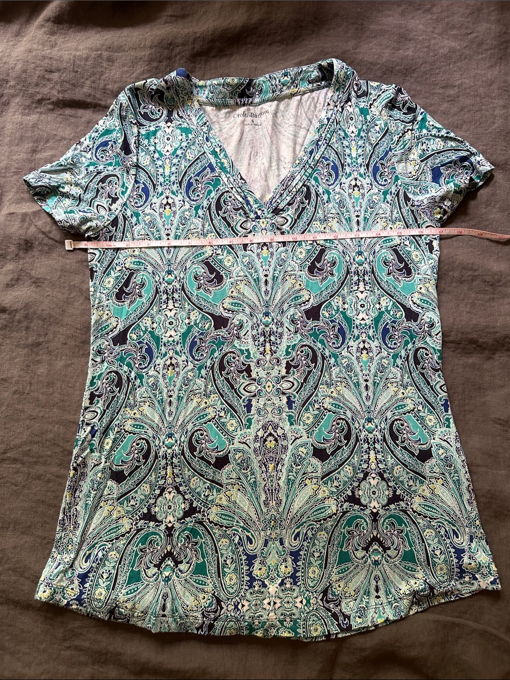 croft & barrow Teal and Navy Paisley V-Neck Short Sleeve Top